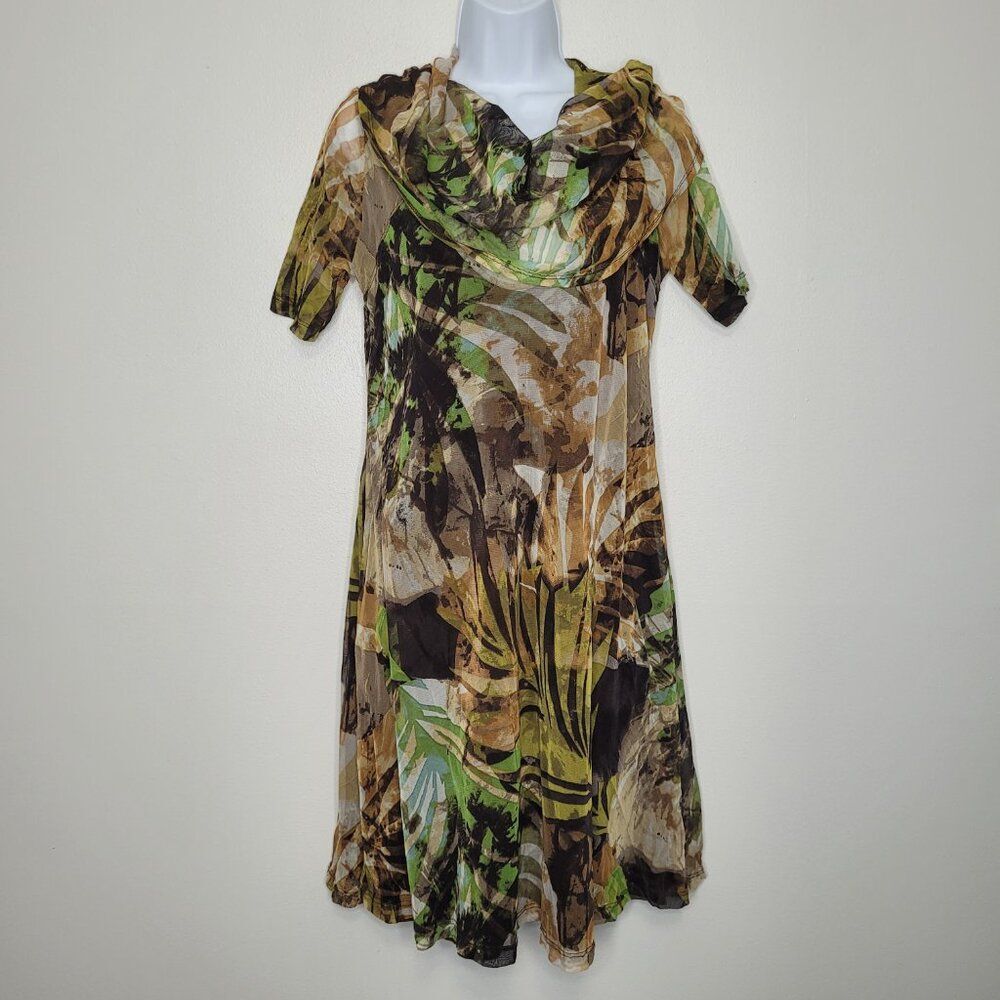 Karen Kane brown green grunge fairy abstract nylon woodsy half sleeve cowl dress